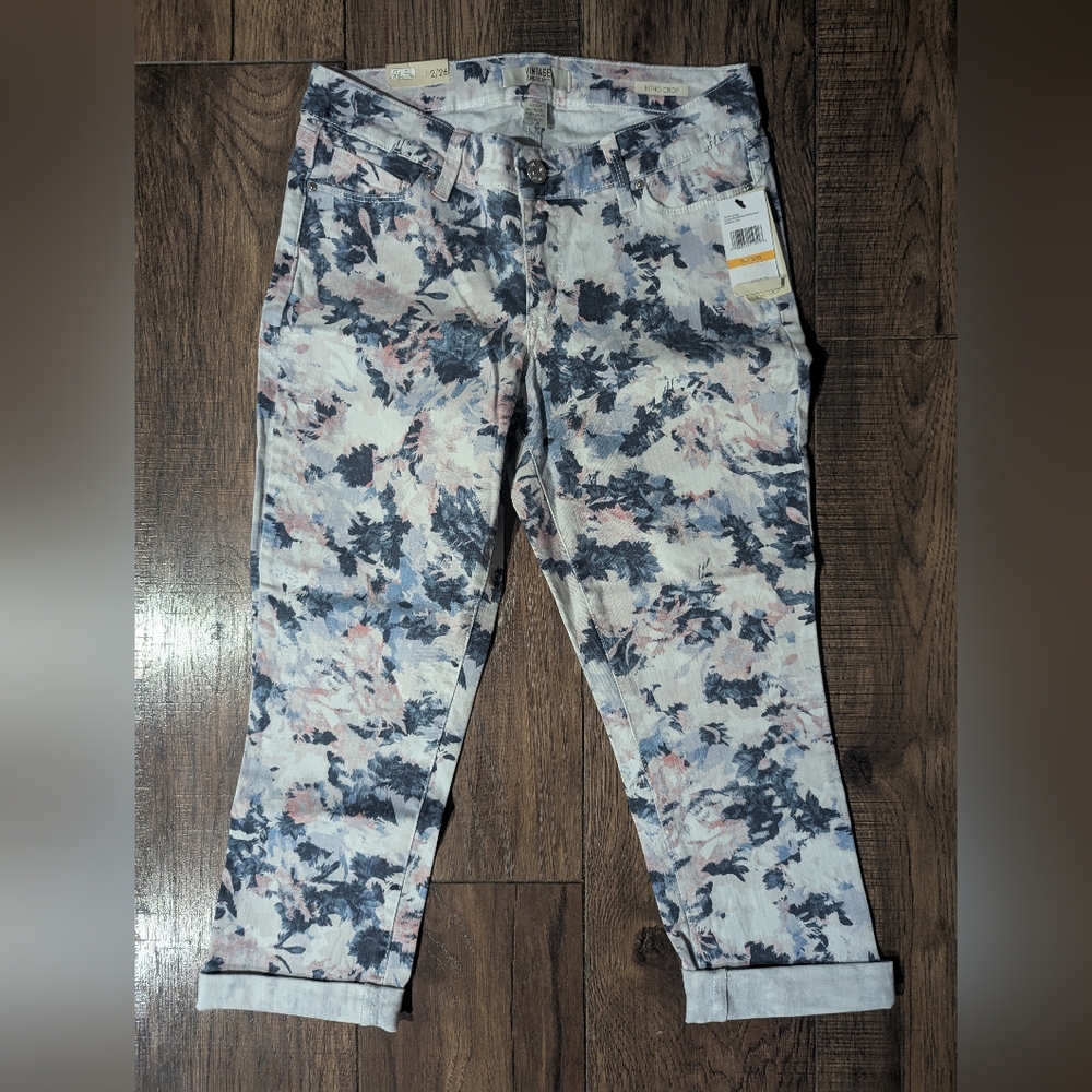 Vintage America Womens Boho Crop Jeans Size 2/26 Blue Pink Watercolor Print NWT